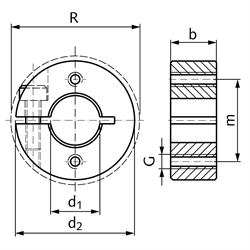 Geschlitzter Klemmring aus Edelstahl 1.4305 Bohrung 15mm mit Schraube DIN 912 A2-70 Ausf. GA, Technische Zeichnung