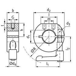 Geschlitzter Klemmring Stahl C45 brüniert Bohrung 35mm mit verstellbarem Klemmhebel M6 x 18 Länge 45mm Ausf. GRK, Technische Zeichnung