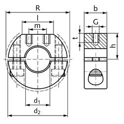 Geteilter Klemmring aus Edelstahl 1.4305 Bohrung 32mm mit Schrauben DIN 912 A2-70 Ausf. GR, Technische Zeichnung