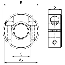 Gewinde-Klemmring geteilt Stahl C45 brüniert Gewinde M30 x 3,5 mit Schrauben DIN 912 12.9 , Technische Zeichnung