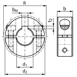 Geteilter Klemmring aus Edelstahl 1.4305 Bohrung 38mm mit Schrauben DIN 912 A2-70 Ausf. N, Technische Zeichnung