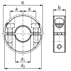 Geteilter Klemmring aus Aluminium Bohrung 30mm mit Schrauben DIN 912 A2-70 Ausf. S, Technische Zeichnung