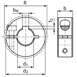 Geschlitzter Klemmring aus Edelstahl 1.4305 Bohrung 50mm mit Schraube DIN 912 A2-70 Ausf. N, Technische Zeichnung