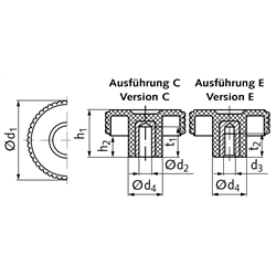 Kordelgriff aus Thermoplast Ausf. C Durchmesser 60mm Bohrung 10mm , Technische Zeichnung