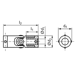 Kreuzgelenk UKM beidseitig Bohrung 8mm Enden mit Metallkappe , Technische Zeichnung