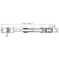 Ausziehbare Kreuzgelenkwelle UW aus Kunststoff/Messing Bohrung 10mm zusammengeschobene Länge 464mm max. Hub 281mm , Technische Zeichnung