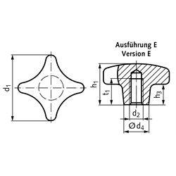 Kreuzgriff DIN 6335 aus Grauguss Ausführung E Durchmesser 80mm , Technische Zeichnung