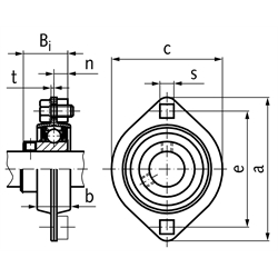 Kugelflanschlager SSBPFL 204 Bohrung 20mm 2-Loch-Ausführung Lager und Blechgehäuse 2-teilig aus Edelstahl, Technische Zeichnung