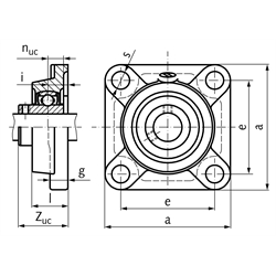 Kugelflanschlager UCF 205 Bohrung 25mm Gehäuse aus Grauguss , Technische Zeichnung