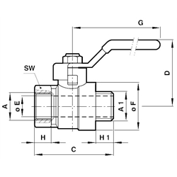 Kugelhahn aus Messing voller Durchfluss Gewinde G1/2 , Technische Zeichnung