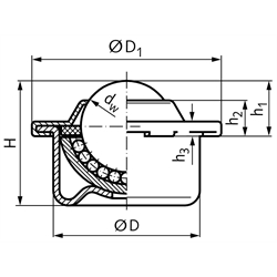 Kugelrolle 340 mit Stahlblechgehäuse Kugeldurchmesser 45mm Kugel aus Edelstahl rostfrei , Technische Zeichnung