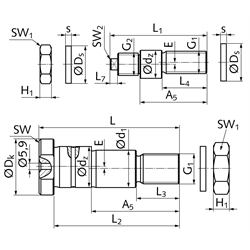 Zapfen exzentrisch LFE12x45A1 dw 12mm Zapfendurchm. 12mm Länge 50mm, Technische Zeichnung