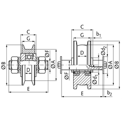 Laufrad aus C 45 mit Achsbolzen Raddurchmesser 63mm , Technische Zeichnung