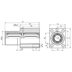 Linearlagereinheit KG-3-FTST ISO-Serie 3 mit Linear-Kugellagern mit Stahlmantel mit beids. Dichtung für Wellen-Ø 30mm, Technische Zeichnung