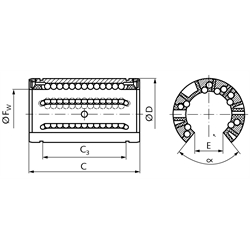 Offene Linearkugellager KB-3-O ISO-Reihe 3 Premium mit Deckscheiben für Wellen-Ø 20mm, Technische Zeichnung