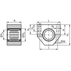 Linearkugellagereinheit KG-1 ISO-Reihe 1 Premium mit Deckscheiben für Wellendurchmesser 6mm, Technische Zeichnung