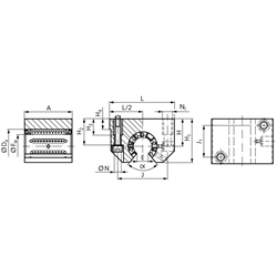 Offene Linearlagereinheit KG-3-O ISO-Reihe 3 Premium mit offenem Linear-Kugellager mit Winkelausgleich mit Doppellippendichtung für Wellen-Ø 16mm, Technische Zeichnung