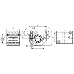 Linearlagereinheit KG-3 ISO-Reihe 3 Premium mit geschlossenem Linear-Kugellager mit Winkelausgleich mit Doppellippendichtung für Wellen-Ø 40mm, Technische Zeichnung