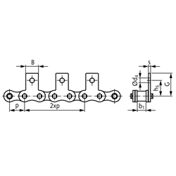 Flachlaschen-Rollenkette 08 B-1-M1, 2xp mit einseitigen schmalen Flachlaschen mit 1 Befestigungsbohrung am Aussenglied im Abstand 2xp , Technische Zeichnung