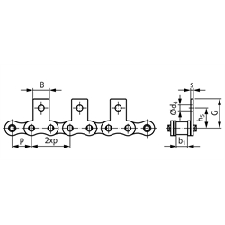 Rollenketten mit Flachlaschen M1 = schmale Form, 2 x p, einseitig, Technische Zeichnung