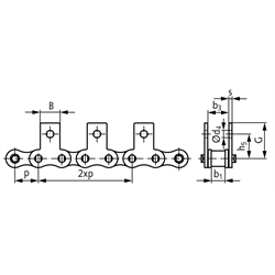 Flachlaschen-Rollenkette16 B-1-M1, 2xp mit beidseitigen schmalen Flachlaschen mit 1 Befestigungsbohrung am Aussenglied im Abstand 2xp , Technische Zeichnung