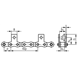 Flachlaschen-Rollenkette 10 B-1-M1, 4xp mit beidseitigen schmalen Flachlaschen mit 1 Befestigungsbohrung am Aussenglied im Abstand 4xp , Technische Zeichnung