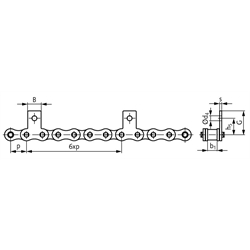 Flachlaschen-Rollenkette12 B-1-M1, 6xp mit einseitigen schmalen Flachlaschen mit 1 Befestigungsbohrung am Aussenglied im Abstand 6xp , Technische Zeichnung