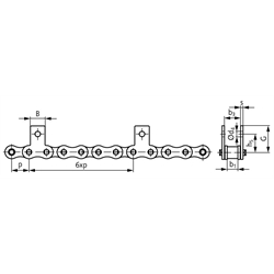 Flachlaschen-Rollenkette16 B-1-M1, 6xp mit beidseitigen schmalen Flachlaschen mit 1 Befestigungsbohrung am Aussenglied im Abstand 6xp , Technische Zeichnung