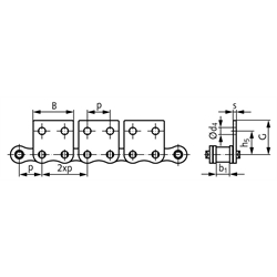 Flachlaschen-Rollenkette 08 B-1-M2, 2xp mit einseitigen breiten Flachlaschen mit 2 Befestigungsbohrungen am Aussenglied im Abstand 2xp , Technische Zeichnung