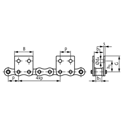 Flachlaschen-Rollenkette12 B-1-M2, 4xp mit beidseitigen breiten Flachlaschen mit 2 Befestigungsbohrungen am Aussenglied im Abstand 4xp , Technische Zeichnung