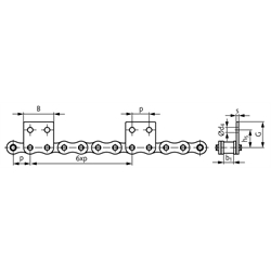 Flachlaschen-Rollenkette 08 B-1-M2, 6xp mit einseitigen breiten Flachlaschen mit 2 Befestigungsbohrungen am Aussenglied im Abstand 6xp , Technische Zeichnung