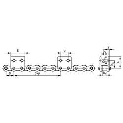 Flachlaschen-Rollenkette16 B-1-M2, 6xp mit beidseitigen breiten Flachlaschen mit 2 Befestigungsbohrungen am Aussenglied im Abstand 6xp , Technische Zeichnung