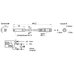 Magnetschalter induktiv pnp ohne Stecker Kabellänge 5m , Technische Zeichnung