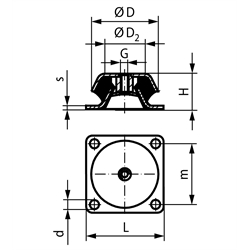 Maschinenfuß mit Abreisssicherung Durchm. 150mm Höhe 51,5mm Gewinde M16 Flansch quadratisch, Technische Zeichnung