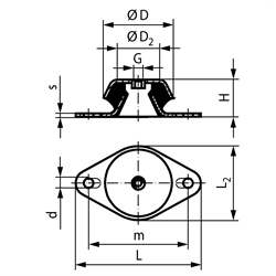 Maschinenfuß ohne Abreisssicherung Durchm. 121mm Höhe 42mm Gewinde M16 Flansch oval, Technische Zeichnung