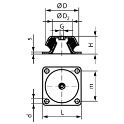 Maschinenfuß ohne Abreisssicherung Durchm. 101mm Höhe 40mm Gewinde M12 Flansch quadratisch, Technische Zeichnung