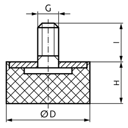 Gummi-Metall-Anschlagpuffer MGS Durchmesser 25mm Höhe 15mm Gewinde M6x18 , Technische Zeichnung