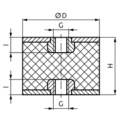 Metall-Gummipuffer MGI mit beidseitigem Innengewinde Durchmesser 30mm Höhe 20mm Gewinde M8x8 , Technische Zeichnung