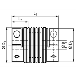 Metall-Balgkupplung MBL lange Ausführung beidseitig Bohrung 20mm Gesamtlänge 71,4mm Nabendurchmesser 37,4mm , Technische Zeichnung