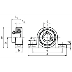 Kugel-Stehlager KP 000 Bohrung 10mm Gehäuse aus Zink-Druckguss, Technische Zeichnung