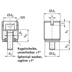 Präzisions-Nivellierelement mit unverlierbarer Kugelscheibe Edelstahl Einstellgewinde M18x1, Technische Zeichnung