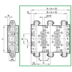 Verkettungsplatten VDMA 24345 Form C Norgren CQM/22354/3/21 ISO 3, Technische Zeichnung