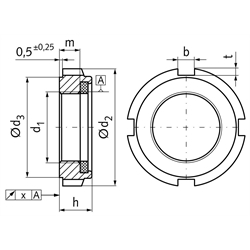Nutmutter GUK 1 selbstsichernd Gewinde M12 x 1 Material 1.4301 mit eingelegtem Klemmteil aus Polyamid, Technische Zeichnung