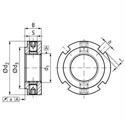 Präzisions-Nutmutter MZM 90 mit Sicherungsstiften Gewinde M90 x 2, Technische Zeichnung