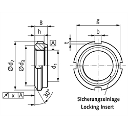 Nutmutter UW rostfrei mit Sicherungseinlage Gewinde M12x1 Edelstahl 1.4301 , Technische Zeichnung