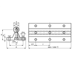 Präzisions-Wellenstahl mit Wellenunterstützung Ø 30h6 x 600mm lang , Technische Zeichnung