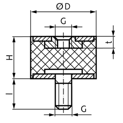 Metall-Gummipuffer MGA Durchmesser 70mm Höhe 45mm Gewinde M 10x28 , Technische Zeichnung