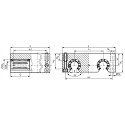 Offene Quadro-Linearlagereinheit KGQ-3-O ISO-Reihe 3 Premium mit Linear-Kugellagern mit Winkelausgleich mit Doppellippendichtung für Wellen-Ø 12mm, Technische Zeichnung