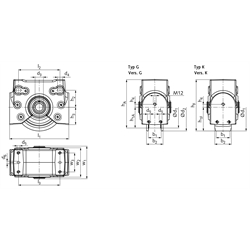 Radblock RB/I Größe 250 mit PUR-Bandage-Rad Gehäuselänge 306mm , Technische Zeichnung