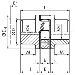 Elastische Kupplung RNG Grauguss Baugröße 48 max. Drehm. 620Nm Nenndrehm. 310Nm Außendurchmesser 105mm Gesamtlänge 140mm vorgebohrt 16mm , Technische Zeichnung